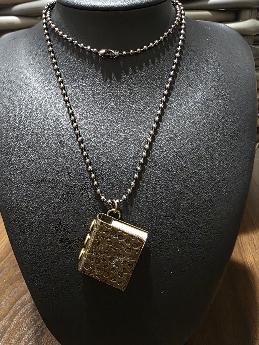 Gold-Tone Book Locket Pendant Necklace in Black Bead Chain